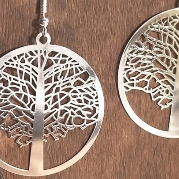 CUTE Silver Tree of Life Earrings  Pierced Stainless Ear wires Large 2"in NEW - Picture 2 of 11